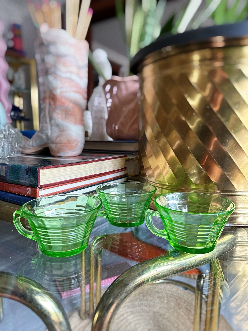 Set of Three Vintage Uranium Depression Glass Tea Cups